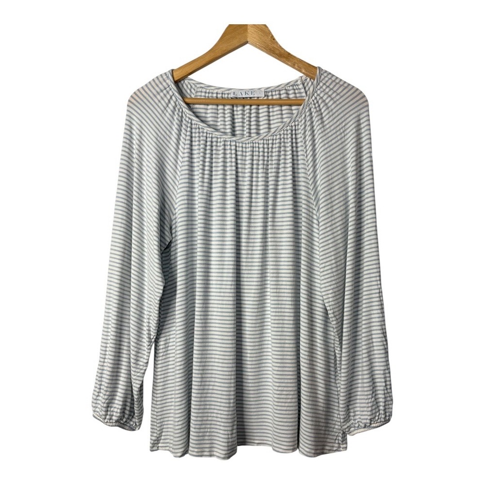 LAKE Pajamas Pima Long Sleeve Top Womens L Blue Striped Modal Lounge Sleepwear - Picture 2 of 8
